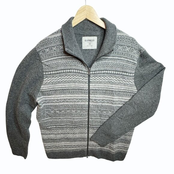 Express Zip Front Lambswool Cardigan Mens Size XL Fair Isle Charcoal Heritage - Picture 1 of 11